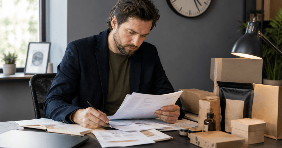 Editorial photo of a marketplace seller reviewing deal submissions at a desk as a deadline approaches.