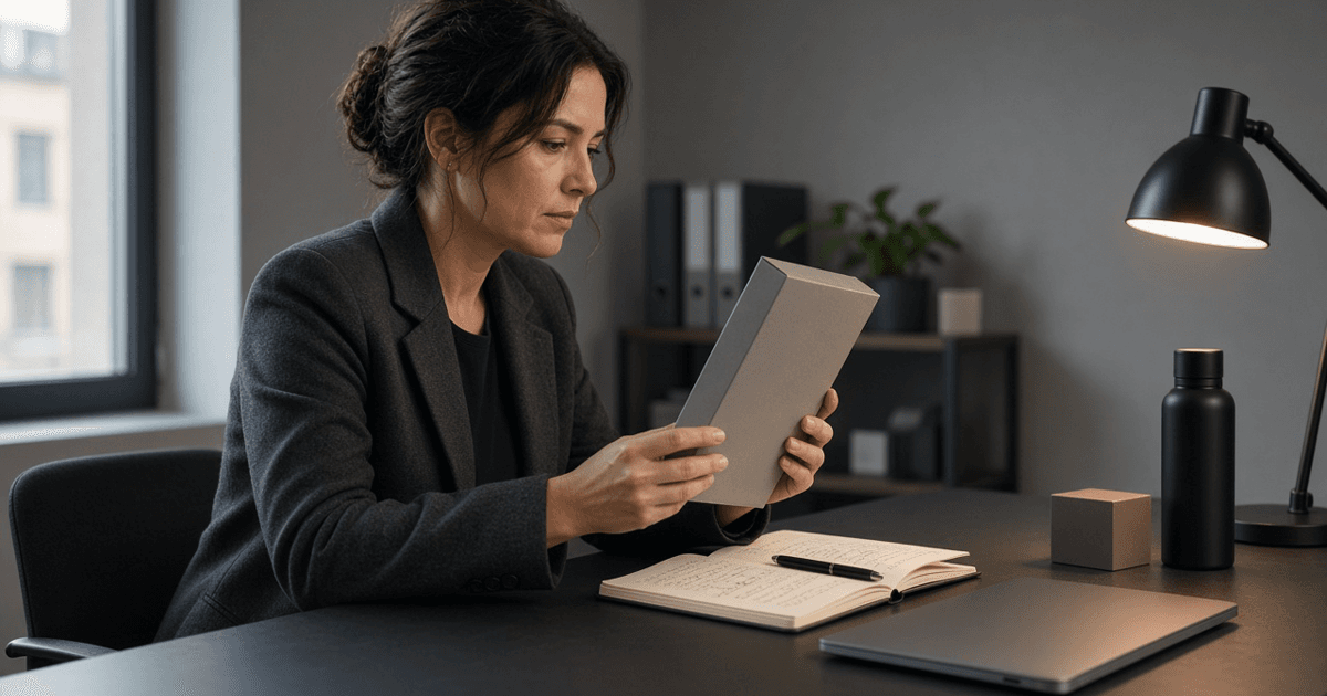 Editorial photo of a marketplace operator reviewing product packaging and notes at a compliance desk.