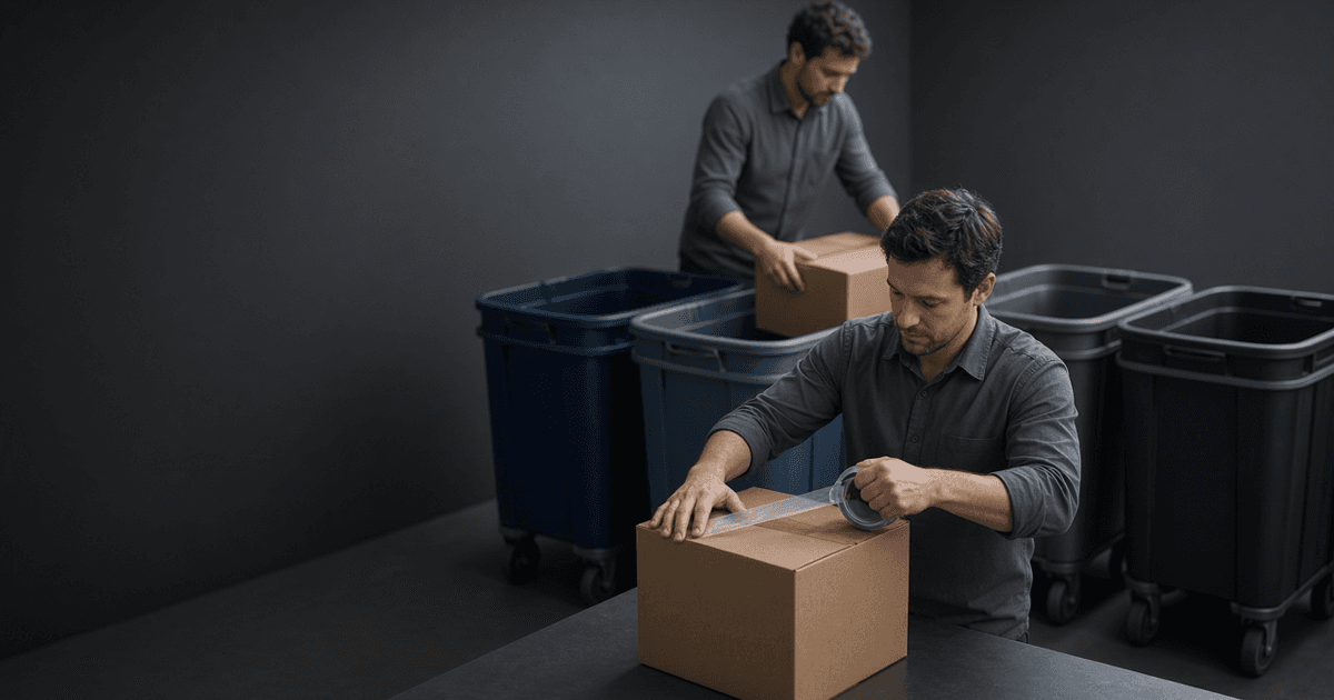 Two packers seal plain unbranded brown boxes and sort them into several different colored outbound bins, showing one inventory shipping to many sales channels.
