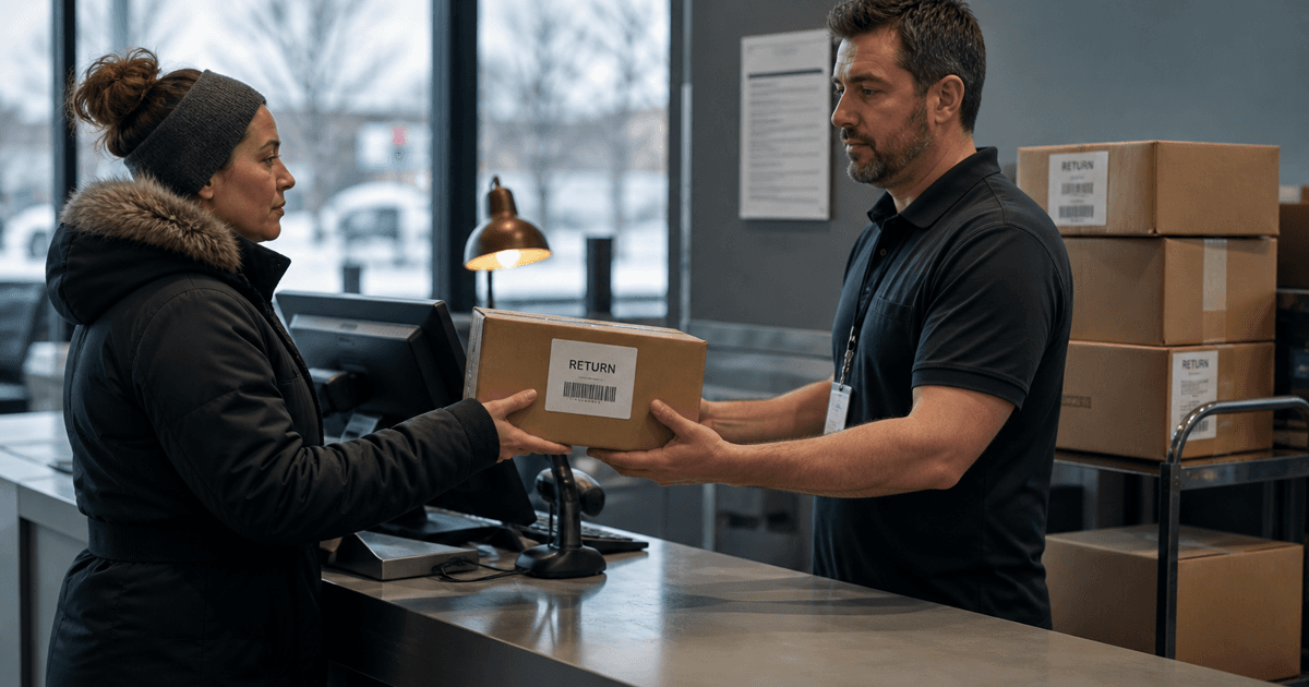 Editorial photo of a customer returning a holiday package at a retail returns desk.